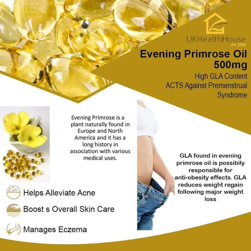 Evening Primrose Oil Capsules - 500mg - High Strength - 45mg GLA (180) High Strength Omega 6 GLA Content Great for Skin Immune System Hormonal Pain 180 - BeesActive Australia