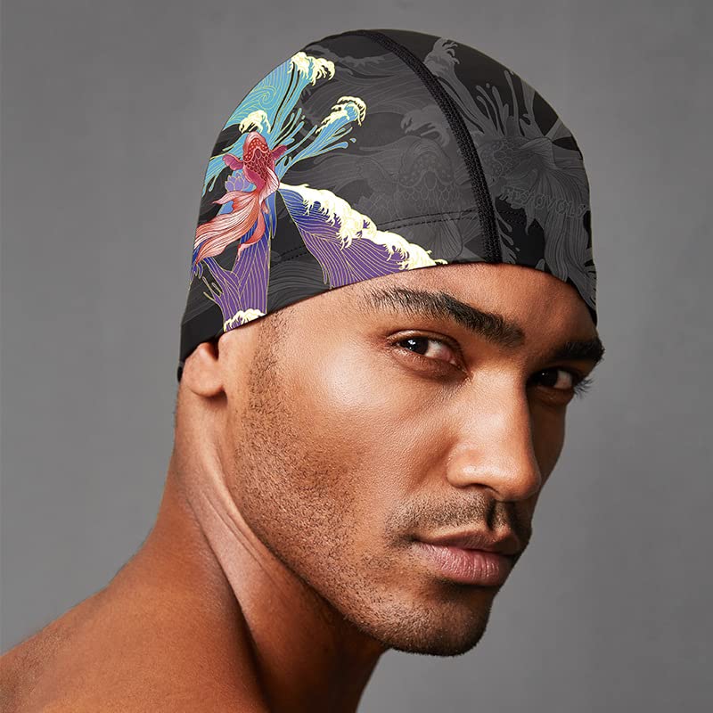 Men Swimming Cap Elastic Fabric Adult Swimming Cap with Myth Images Large Size Waterproof Bath Cap Cover Ear Youth Teens Boy Ladies Beach Water Sports Cap Breathable Hair Dry Hat for Long Short Hair black goldfish - BeesActive Australia