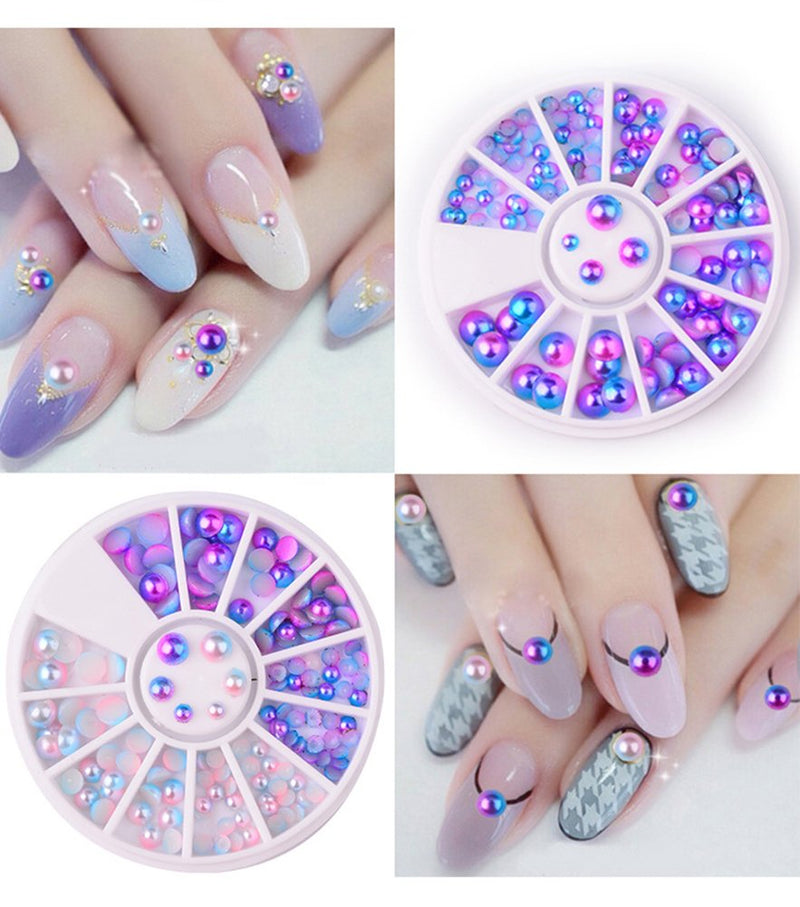 YesLady 3D Gradient Mermaid Pearl Rainbow Nail Art DIY Flat Bottom Beads Rhinestones Manicure Decoration 3 Boxes - BeesActive Australia