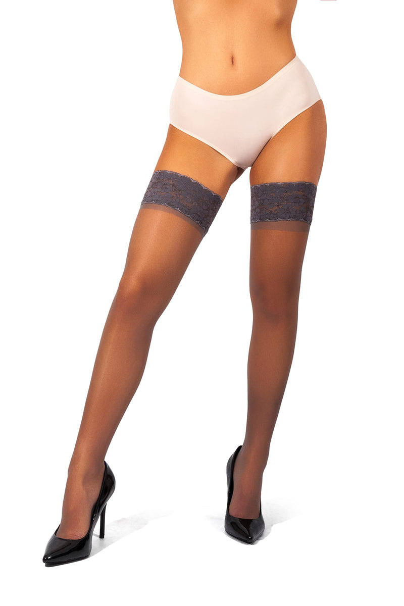 sofsy Lace Thigh High Stockings [Made in Italy] Sheer Stockings for Women Lingerie Top Thigh High 15/20 Den XX-Large Grey - 15 Den - BeesActive Australia