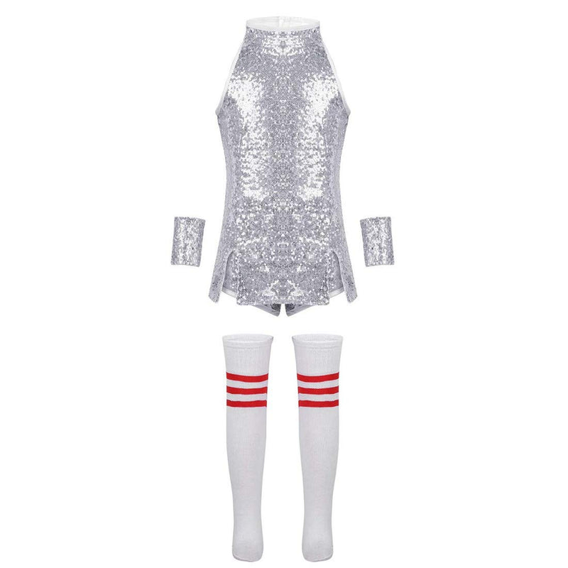 [AUSTRALIA] - easyforever Kids Girl Cheerleading Hip Hop Jazz Dance Outfit Shiny Sequin Camisole Tank Top with Short Wrist-Sleeve Sock 8-10 Silver 