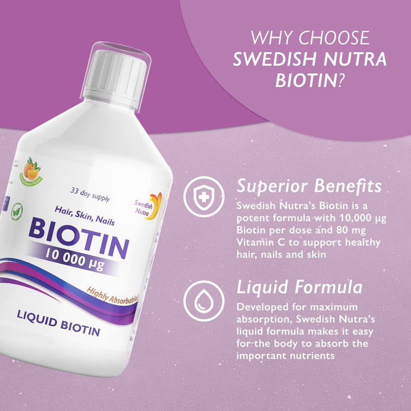 Swedish Nutra Liquid Biotin - Pack of 500ml, 33 Day Supply | Orange Flavour Biotin for Healthy Hair Clear Skin & Strong Nails | Contains Vitamin C & 100% Natural Flavour | High Absorption Rate - BeesActive Australia
