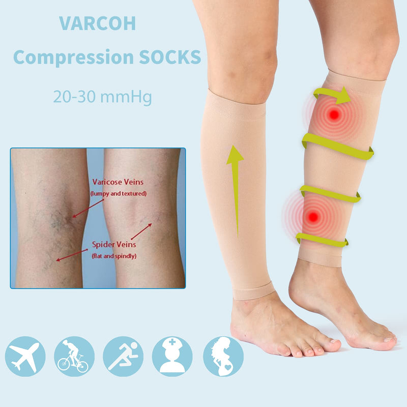 VARCOH Compression Socks For Women & Men,(2 Pairs)Calf Compression Sleeves 20-30mm Hg Firm Support Graduated Varicose Veins Hosiery,Indicated for swelling, pregnancy, recovery, exercise, cycling XX-Large Beige - BeesActive Australia