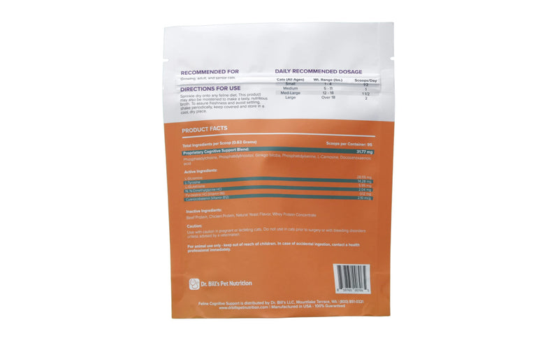 Dr. Bill's Feline Cognitive Support | Pet Supplement | Memory Support Supplement for Cats | Contains Gingko Biloba, L-Carnosine, Vitamin B-12, L-Glutamine, L-Tyrosine, and DHA - BeesActive Australia