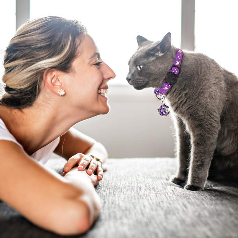 2PCS Breakaway Cats Collars with Bell Moons Stars Adjustable Kitten Collars with Pendant Glow in The Dark Purple+Black - BeesActive Australia