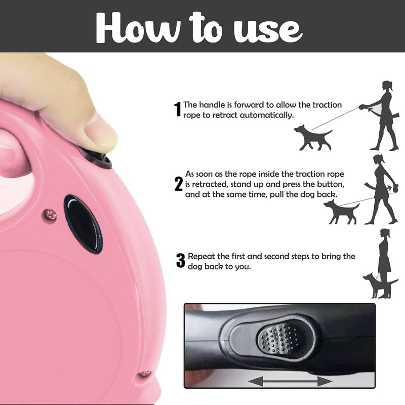 Automatic Retractable Dog Leash,16-Foot Upgraded Version Buckle Lock,360° Tangle Free,One-Hand Brake, Pause, Lock Suitable for Small and Medium Sized Dogs Pink - BeesActive Australia