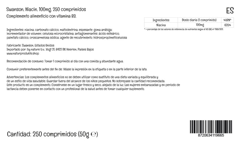 Swanson, Niacin, 50mg, Vitamin B3 Depot, 1 Tablet Every 2 Days, 250 Vegan Tablets, High Dose, Lab-Tested, Vegetarian, Soy Free, Gluten Free, GMO Free - BeesActive Australia
