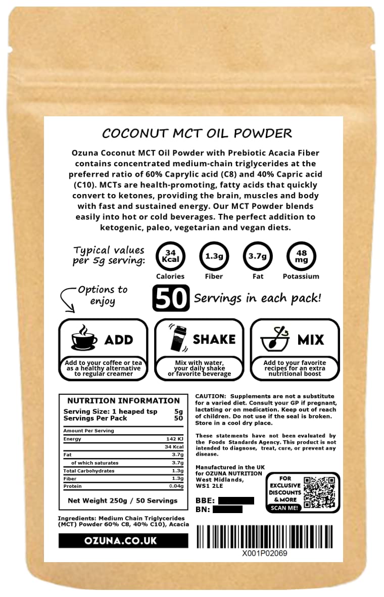 MCT Oil C8 & C10 Powder, Coconut Medium Chain Triglycerides for Sustained Clean Energy, Ketogenic Non Dairy Coffee Creamer, Suitable for Keto, Helps Boost Ketones | 50 Servings - BeesActive Australia
