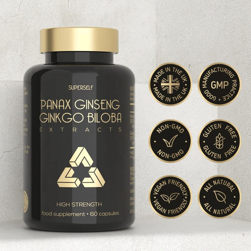 Panax Korean Ginseng Tablets - 6000mg Red Ginseng and Ginkgo Biloba - Supplements for Men & Women - High Strength 20% Ginsenosides Standardised - 60 Herbal Capsules - Premium Ginseng Root - UK Made - BeesActive Australia