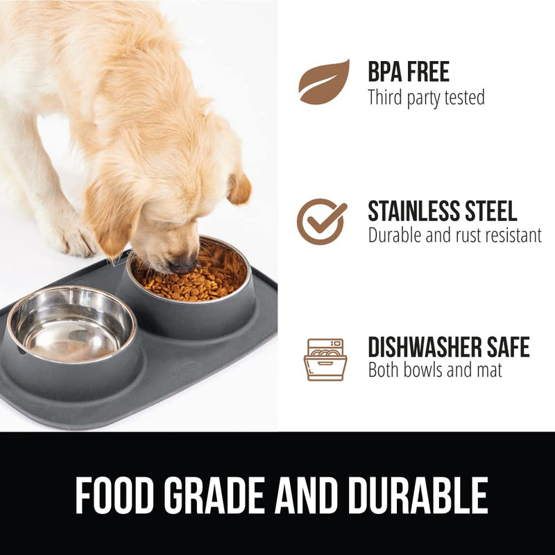 Gorilla Grip Slip Resistant Pet Bowls and Silicone Feeding Mat Set, Catch Water and Food Mess, Raised Edges for No Spills, Stainless Steel Cat and Dog Dish Bowl, Patent Pending Design 2 Cup Gray - BeesActive Australia