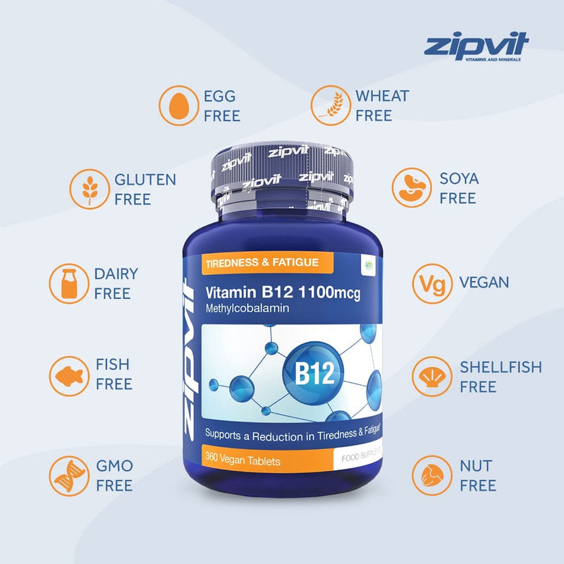 Vitamin B12 Tablets High Strength 1100mcg Methylcobalamin, 360 Vegan B12 Tablets (12 Months Supply). Helps with Tiredness and Fatigue. Vegetarian Society Approved B12 Supplement. UK Supplier Jar of 360 Tablets - BeesActive Australia