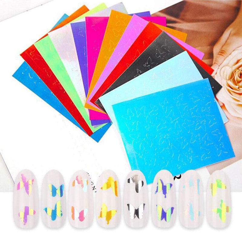 Butterfly Nail Art Stickers Decals Nail Supplies Kits Nail Accessories Decoration Holographic Butterfly Flame Nail Art Laser Marble Texture Rainbow Colors Nail Sticker Adhesive Foils DIY 16 Sheets - BeesActive Australia