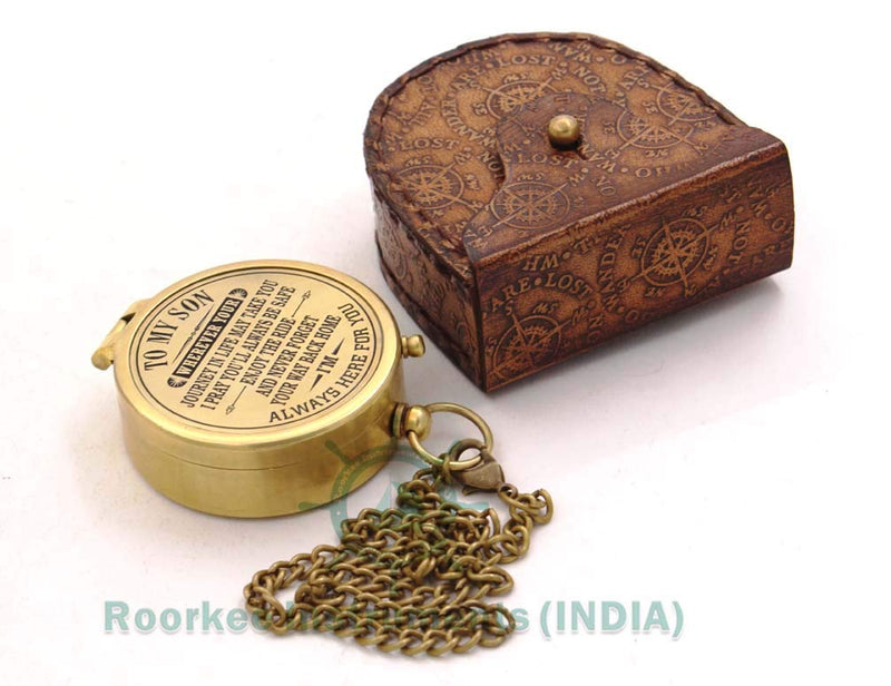 Antique Nautical Vintage Directional Magnetic Compass with Famous Scripture Quote Engraved Baptism Gifts with Leather Case or Wooden Case for Loved Ones, Son, Father, Love, Partner, Spouse, Fiancé. #2 To My Son: "Wherever Your Journey" - BeesActive Australia
