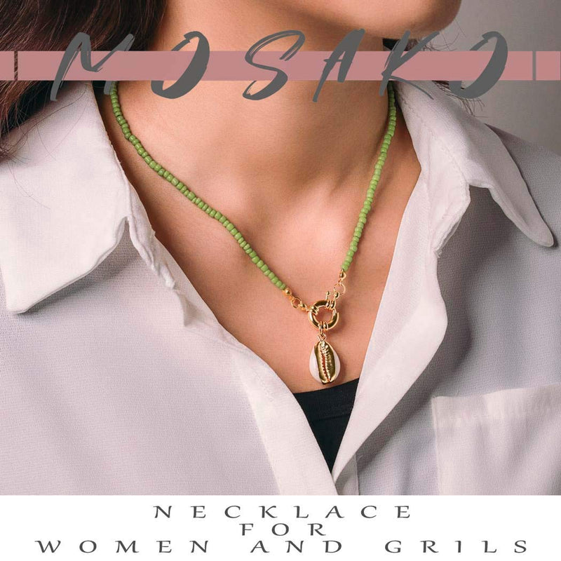 Mosako Boho Chocker Necklaces Green Small Beaded Necklace Chain Short Shell Pendant Dainty Delicate Necklace Jewelry for Women and Girls - BeesActive Australia