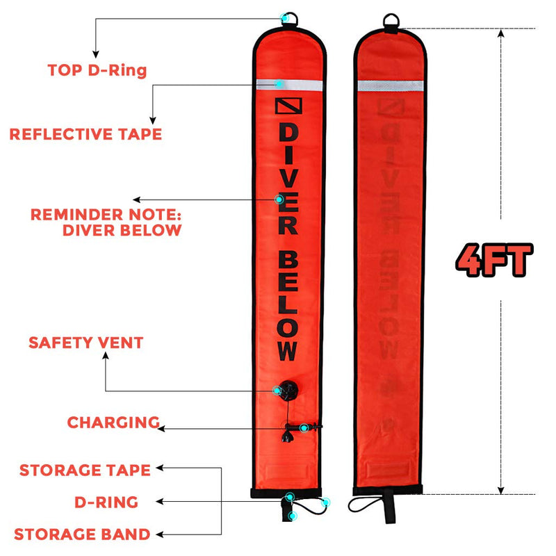 [AUSTRALIA] - Seafard 4ft/5ft Scuba Diving Open Bottom Surface Marker Buoy (SMB) with 49ft/98ft Finger Spool Alloy Dive Reel and Double Ended Bolt Clip Gray Reel+Red SMB 4ft SMB 49ft Reel 