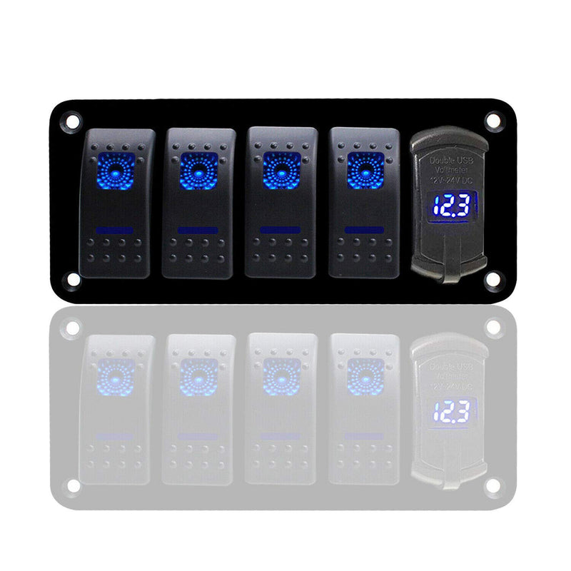 [AUSTRALIA] - FABOOD F 4 Gang Aluminum Rocker Switch Panel - 5 Pin ON Off Toggle Switch with Blue LED Backlit, Wiring Harness Pre-Wired Easy Installation 12V 24V for Boat Car Marine ATV UTV 