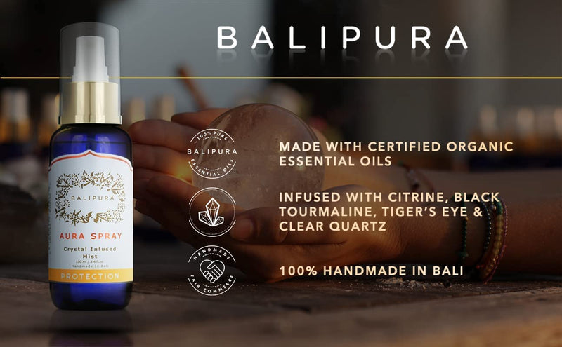 BALIPURA - Aura & Chakra Spray Gift for Women - Protection Spray Crystal Infused Mist with Black Tourmaline, Smoky Quartz and Citrine - Organic Essential Oil - Cleansing & Healing Energy - 3.4 fl.oz - BeesActive Australia
