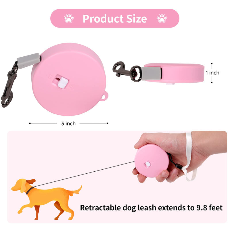 Retractable Dog Leash for Small and Medium Dogs Cats up to 22lbs with 9.8ft Anti-Pull Strong Nylon Tape, Hands Free, Mini Portable and Lightweight Walking Leash with Wrist Strap, One-Hand Brake, Tangle Free Pink - BeesActive Australia
