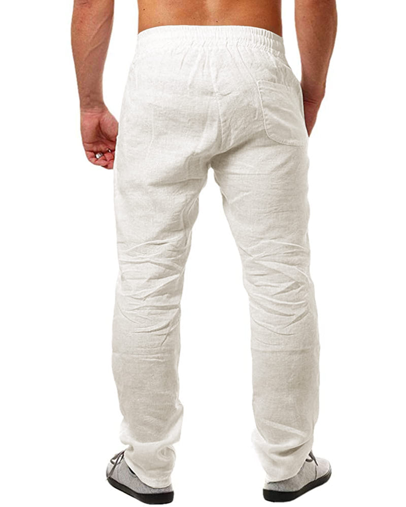 AUDATE Men's Cotton Linen Trousers Solid Summer Beach Yoga Pants Casual Drawstring Trousers XX-Large White - BeesActive Australia