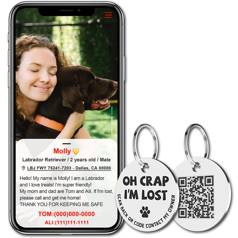 MYLUCKYTAG Stainless Steel QR Code Pet ID Tags Dog Tags - Pet Online Profile - Scan QR Receive Instant Pet Location Alert Email Im Lost,silver - BeesActive Australia