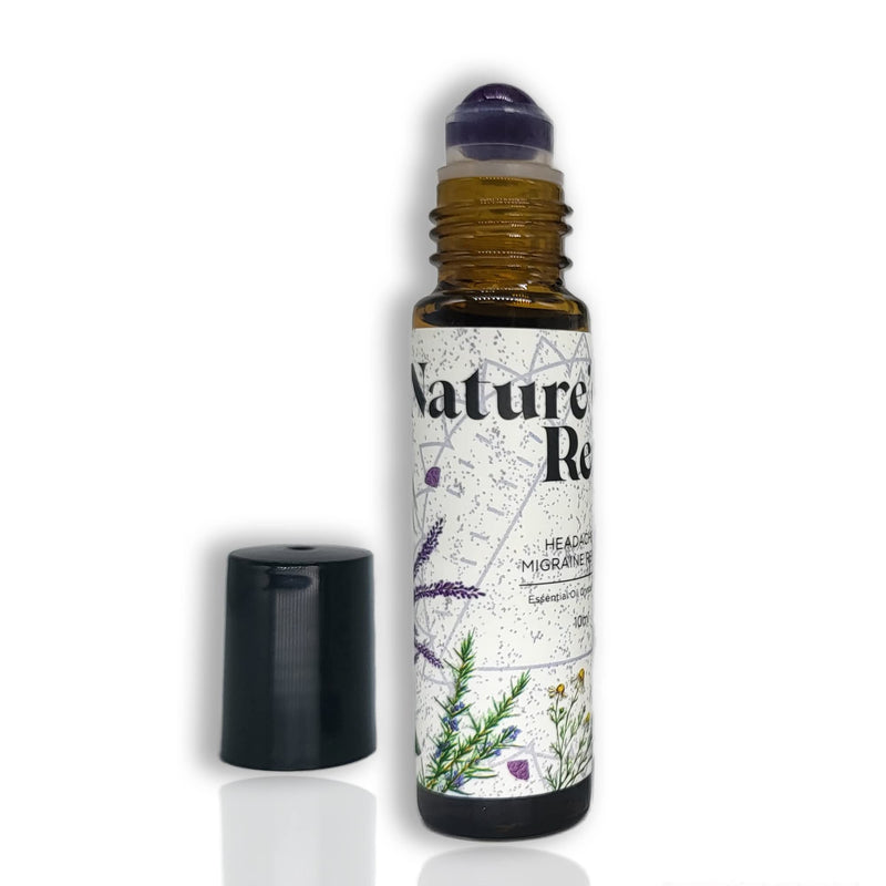Headache Relief 10ml Roll-On Stick. Essential Oil & Amethyst Remedy to Ease Head Pain & Migraine. Camomile, Peppermint, Lavender, Rosemary & Eucalyptus. Aromatherapy & Crystal Rollerball. - BeesActive Australia
