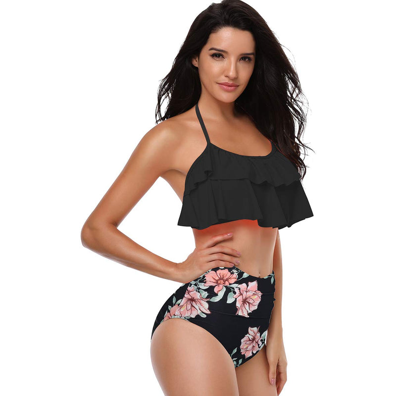 [AUSTRALIA] - Bikini Swimsuit for Women High Waisted Flounce Crop Top Swimwear Two Piece Tassel Trim Bathing Suits Set X-Large Black + Flower 