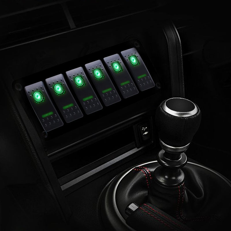 [AUSTRALIA] - FXC Rocker Switch Aluminum Panel 6 Gang Toggle Switches Dash 5 Pin ON/Off 2 LED Backlit for Boat Car Marine Green 