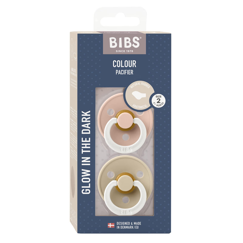 BIBS Pacifiers 6-18 Months | 2-Pack Soothers | BPA-Free Anatomical Nipple | Made in Denmark | Blush Glow/Vanilla Glow Colour Pacifier - BeesActive Australia