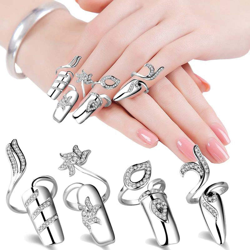 Suoirblss 4 PCS Rhinestone Finger Tip Nail Ring Adjustable Opening Nail Art Charms Accessories Silver Women's Fashion Protecting Fingernail - BeesActive Australia