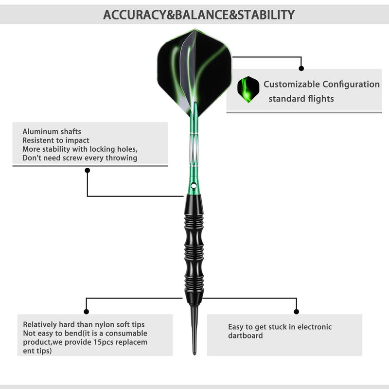 sanfeng Professional Soft Tip Darts Set 20 Grams W/ 50 O-Rings- 30 Darts Plastic Tip + Green Aluminum Shafts + 6 Standard Flights + Portable Case for Electronic Dart Board - BeesActive Australia