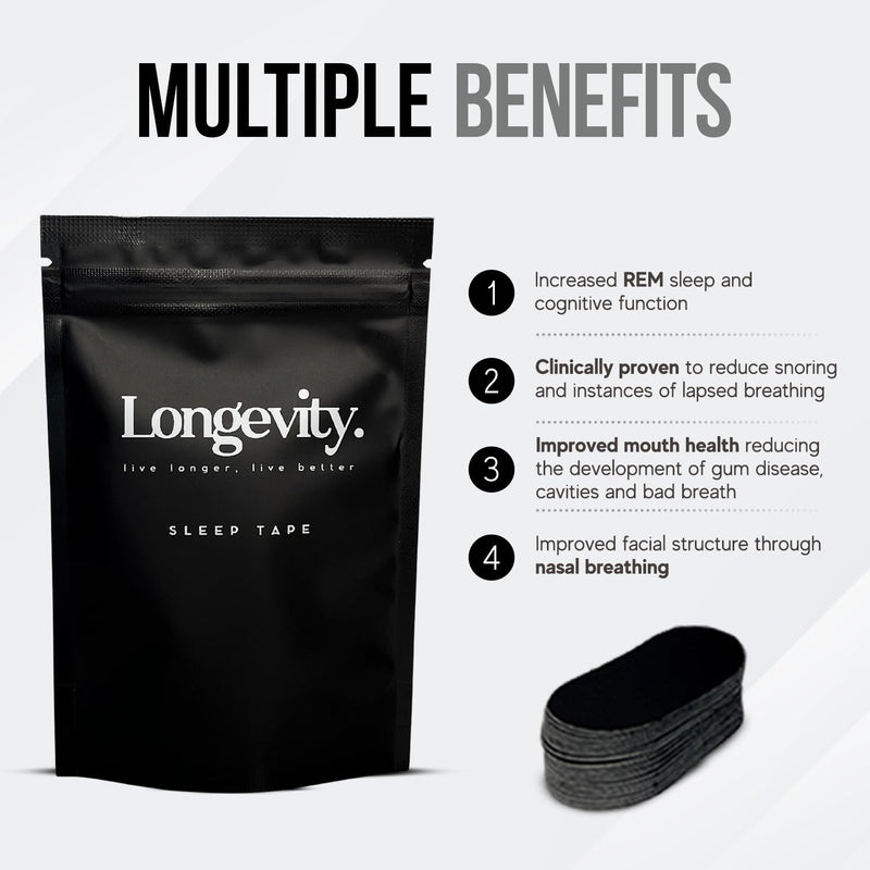 Longevity Sleep Tape - Mouth Tape for Sleeping, Snoring Aid, Improved Nasal Breathing, Strong But Gentle Adhesion (30 Strips) - BeesActive Australia
