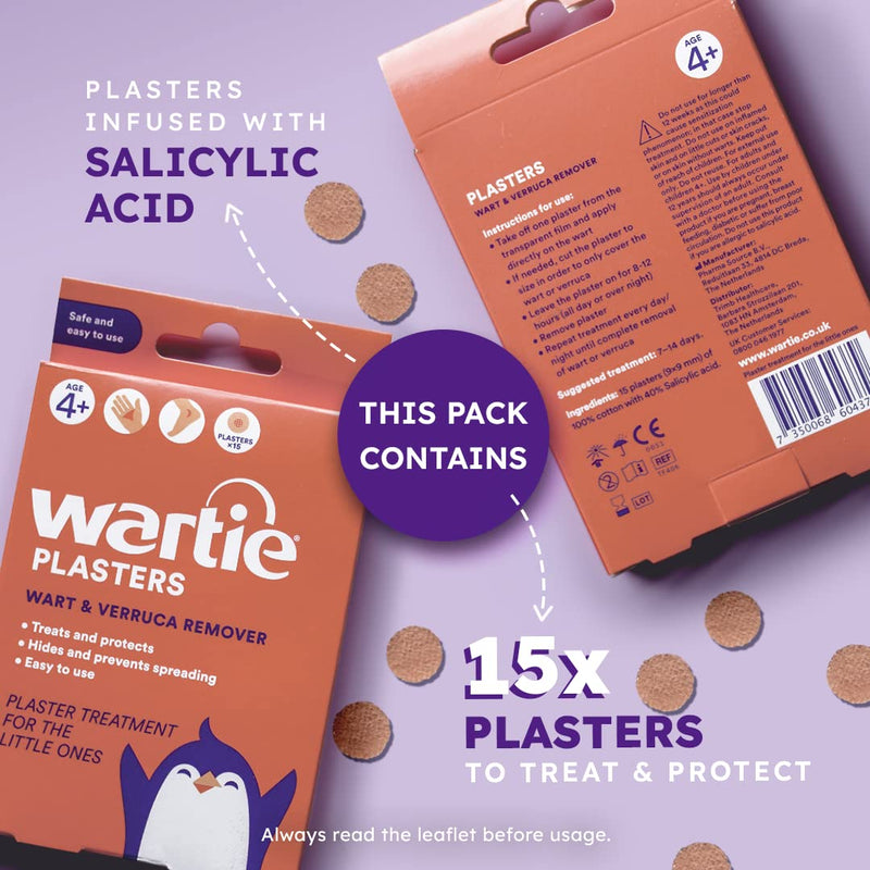 Wartie Plasters - Verruca & Wart Remover - Protect, Treat and Prevent - Easy Wart and Verruca Treatment for Hands and Feet - Prevent Spreading Warts - Safe for Adults and Children Aged 4+ - Pack of 15 - BeesActive Australia