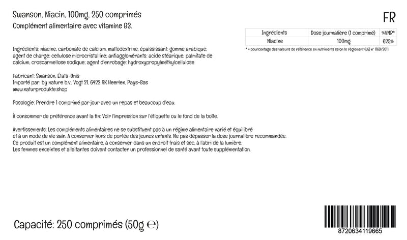 Swanson, Niacin, 50mg, Vitamin B3 Depot, 1 Tablet Every 2 Days, 250 Vegan Tablets, High Dose, Lab-Tested, Vegetarian, Soy Free, Gluten Free, GMO Free - BeesActive Australia