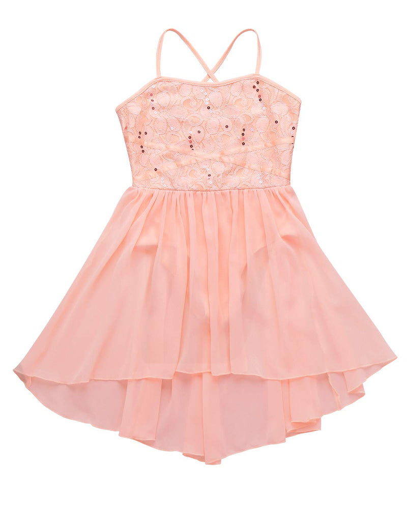 [AUSTRALIA] - zdhoor Kids Girls Sequins Lyrical Ballet Dance Dress High-Low Hem Chiffon Tulle Skirts Ballroom Dancewear Orange_pink 10 