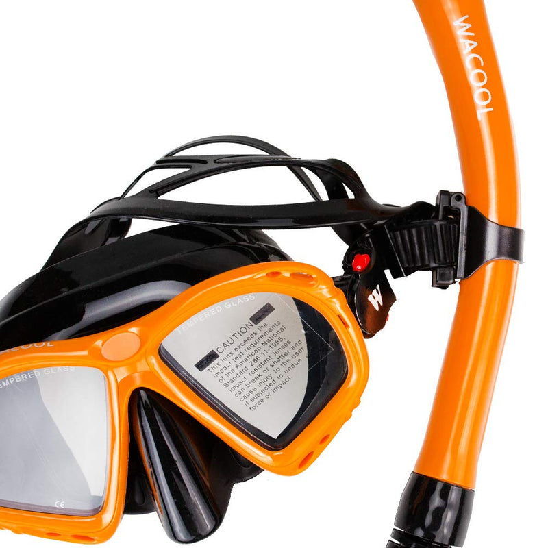 [AUSTRALIA] - WACOOL Snorkeling Package Set for Adults, Anti-Fog Coated Glass Diving Mask, Snorkel with Silicon Mouth Piece,Purge Valve and Anti-Splash Guard Orange 