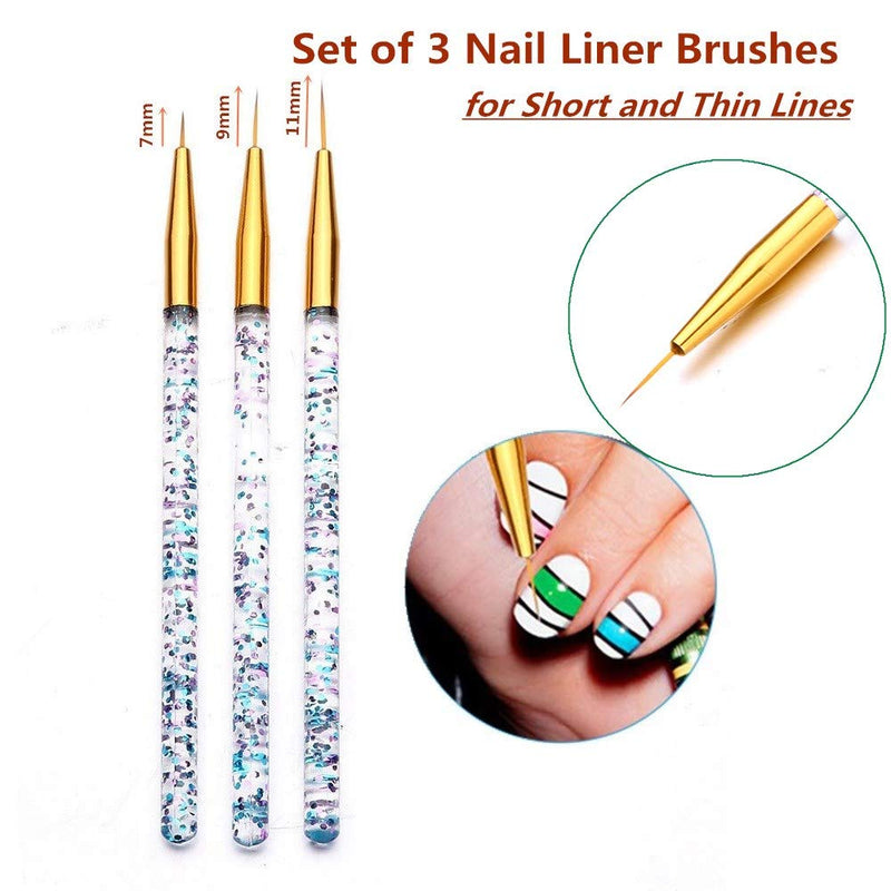 FULINJOY 8 Pcs Nail Art Brush Nail Liner Brush, Acrylic UV Gel Glitter Drawing Painting Brushes Crystal Handle Nylon Hair Carving Flower Pens Nails Tools - BeesActive Australia