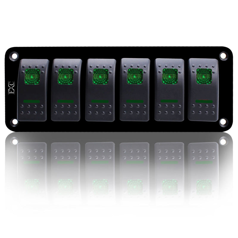 [AUSTRALIA] - FXC Rocker Switch Aluminum Panel 6 Gang Toggle Switches Dash 5 Pin ON/Off 2 LED Backlit for Boat Car Marine Green 