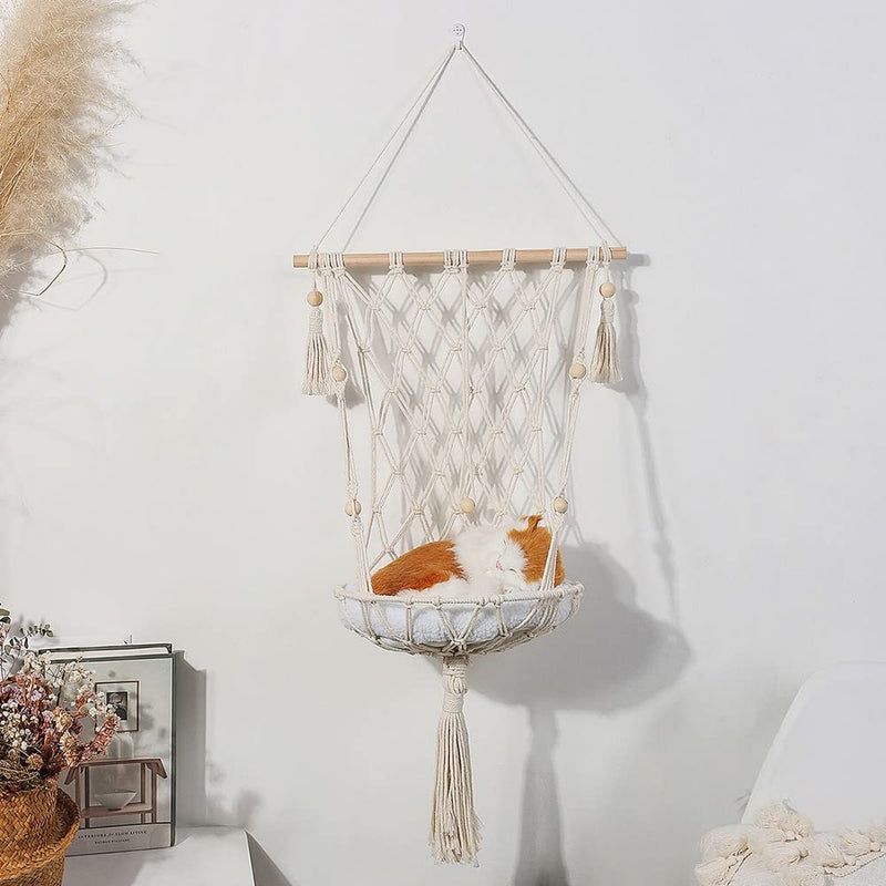 SSDH Hand Knitted Pet Hammock Cat Cage Swing Hanging Bed Pet Tassel Design Cat Nest Interior Elegant Tapestry Decoration Pet Cat House Personality Home Hammock B - BeesActive Australia