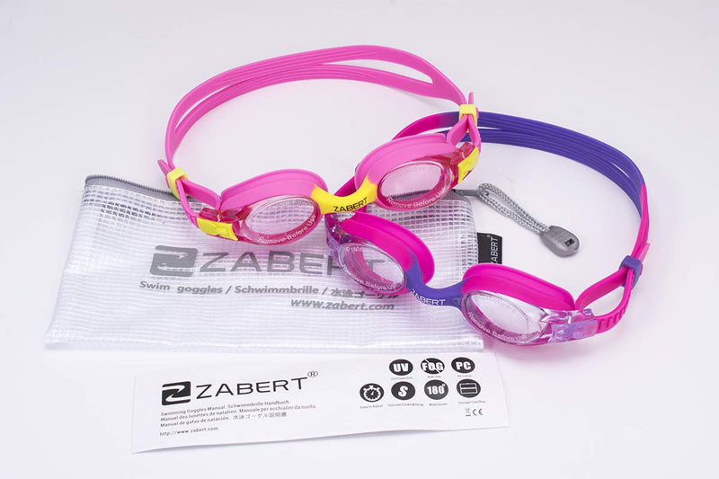 ZABERT K20 Swimming Goggles for Kids Girls Boys Age 3-14 Years Old, Anti-fog 100% UV Protection with Travel Bag #2.[2pack] Pink Yellow & Pink Purple - BeesActive Australia