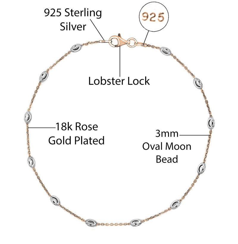 Savlano 18K Gold Plated Over 925 Sterling Silver Station Oval Moon Bead Anklet Chain For Women & Girls. Silver, Gold, Rose Gold - Made in Italy Comes With a Gift Box 9 Inches Two Tone Rose Gold - BeesActive Australia