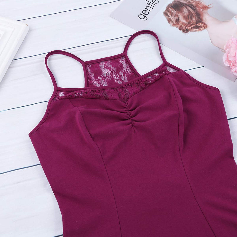 [AUSTRALIA] - MSemis Women Spaghetti Straps Ballet Dance Camisole Leotard Lace Criss Cross Back Gymnastics Bodysuit Wine Red Small 