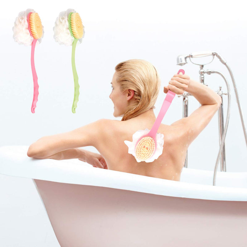 WXJ13 2 Pack Shower Body Brushes Back Scrubbers Bath Dry Brush Mesh Sponge with Curved Long Handle Exfoliating Skin for Men and Women (Green & Pink) - BeesActive Australia