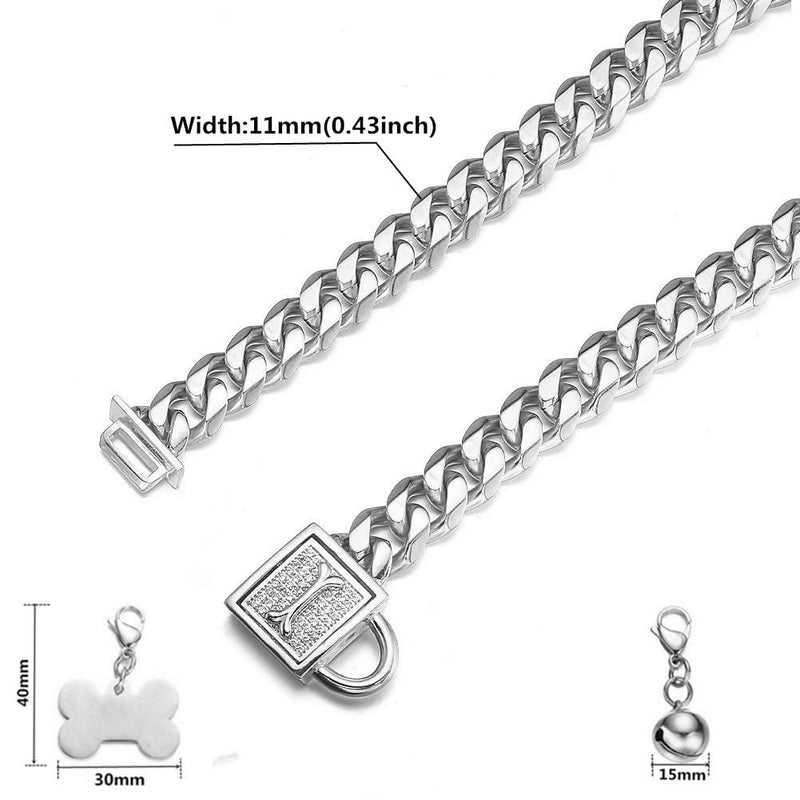 Aiyidi Dog Chain Collar Silver Stainless Steel Cuban Link Collar Width 11/15/19mm with Rhinestone Safety Buckle Dog tag Dog Bell Chew-Proof Water-Proof for Large Medium Small Dogs Chain width: 11mm 12inch (for dog's neck 9.6''~11.5'' ) - BeesActive Australia