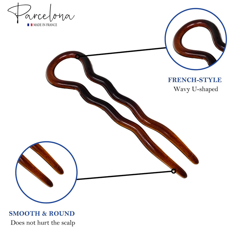 Parcelona French Sleek Brown Tortoise Shell Large 3 1/2" Celluloid Made in France Set of 3 Wavy Crink U Shaped Chignon Hair Pins Updo Bun Pin Sticks for Women and Girls 3 Count (Pack of 1) - BeesActive Australia