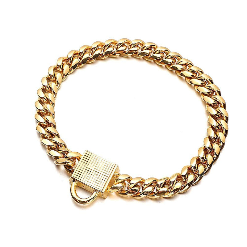 Aiyidi Gold Dog Chain Collar 10mm Wide Cuban Link Puppy Collar 316L Stainless Steel with CZ Diamond Lock Bling Collar for Large Medium Small Dogs 8inch (for 6''~7.5''dog's neck) - BeesActive Australia