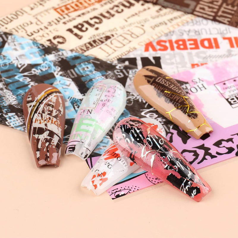 Newspaper Nail Foil Transfers Stickers Holographic Letters Words Nail Foils Adhesive Decals 10Sheets Magazine Laser Starry Sky Nail Art Foil Manicure Tips Set Nail Designs Accessories - BeesActive Australia
