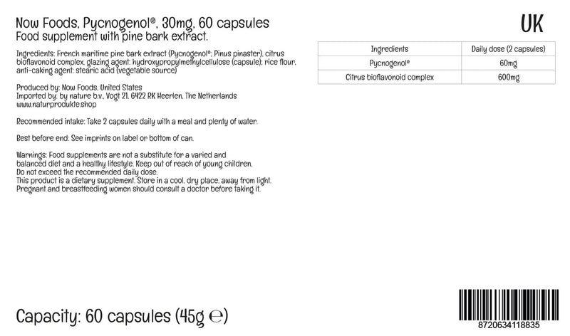 Now Foods, Pycnogenol, 30mg, Pine Bark Extract, 60 Vegan Capsules, Lab-Tested, Soy Free, Gluten Free, Vegetarian, Non GMO - BeesActive Australia