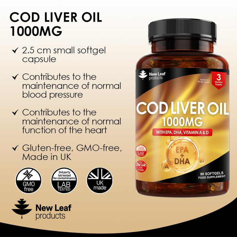 Cod Liver Oil Capsules 1000mg - 90 Cod Liver Capsules High Strength Softgels- Cod Liver Oil Rich in Omega 3 EPA DHA Fatty Acids + Vitamins A & D, High Strength Fish Oil - UK Made, by New Leaf - BeesActive Australia