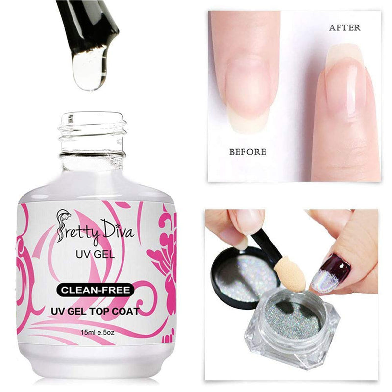 PrettyDiva No Wipe Top Coat - 0.5 Oz Gel Top Coat No Wipe UV Led Light Cured Required High Gloss Soak Off Gel Nail Polish Shiny Top Coat - Clear - BeesActive Australia