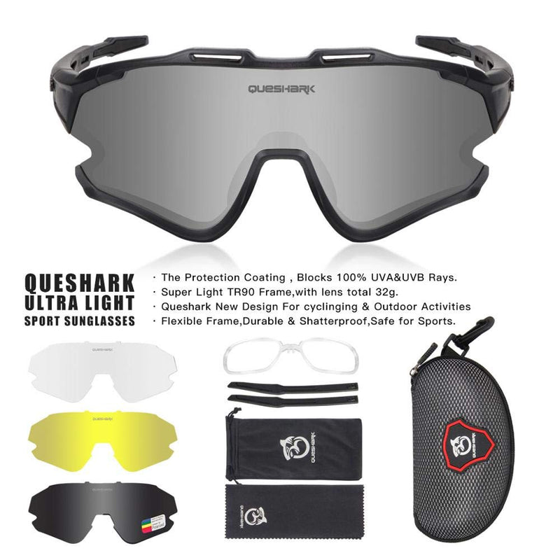 Queshark Sports Cycling Sunglasses 4 Lens Anti UV400 for Men Women HD Polarized Black - BeesActive Australia